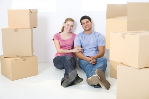 Organised packing materials and labelled boxes for a Brentford move