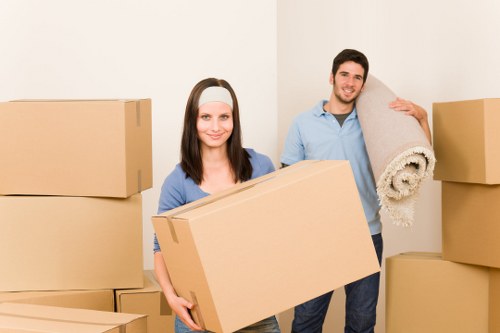 Packed moving boxes and furniture prepared for removals in Brentford